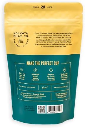 Kolkata Chai Signature Masala Chai mix, 100% Organic Black Tea, Makes 20 cups, Premium loose leaf tea and spice blend, All Natural, 4.23 oz