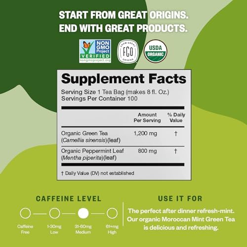 FGO Organic Moroccan Mint Green Tea, 100 Count, Eco-Conscious Tea Bags, Resealable Bag, Packaging May Vary (Pack of 1)