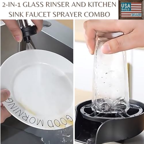 2-in-1 Glass Rinser & Sink Sprayer Attachment – High Pressure Cup Washer for Kitchen Sink – Matte Black Bottle Cleaner -Stainless Steel Cup Cleaner (Fits Standard Counter Holes)