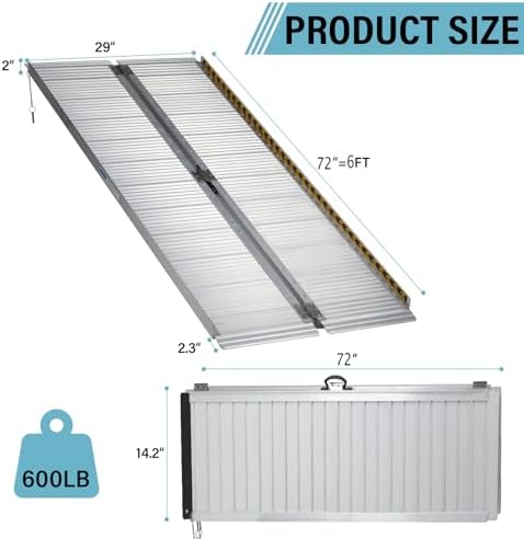 6FT Wheelchair Ramp, Non-Skid Aluminum Folding Portable Wheel Chair Ramp Home Steps Scooter Car, Doorways Curbs Stairs Ramp 600LBS Capacity, 72" L x 29" W