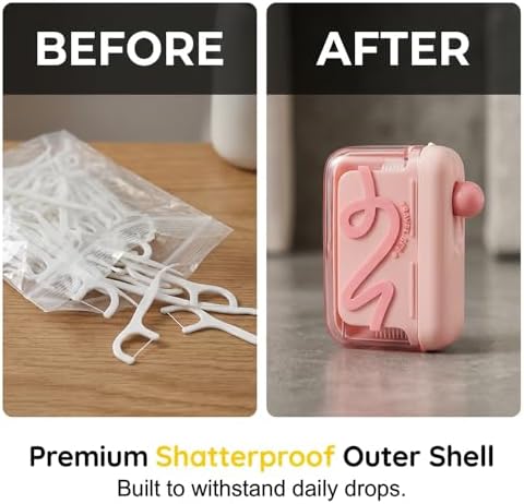 Automatic Pop-up Portable Floss Dispenser with 50 Pcs Dental Floss, Refillable for Home, Restaurant, and On-the-Go Oral Care (Pink)