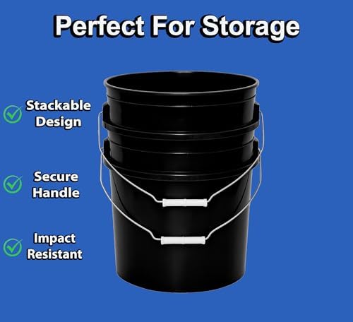 MKS Plastics 5-Gallon Bucket Only – No Lid Included, Made in USA, Food Grade BPA Free Plastic, Heavy Duty Multi-Use, Metal Handle with Grip, Stackable Storage – Black, 3 Pack
