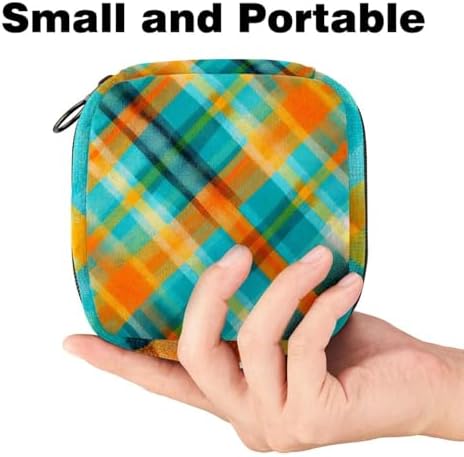 Sanitary Napkin Storage Bag,Period Bag,Pad Bag,Blue and Orange Plaid,Period Pouch