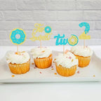 Ercadio 24 Pcs Two Donut Cupcake Toppers Donut Party Decorations Picks Blue Sweet Theme Cake Decoration for 2st Kids Birthday Party Supplies Celebrating Party Baby Shower Supplies
