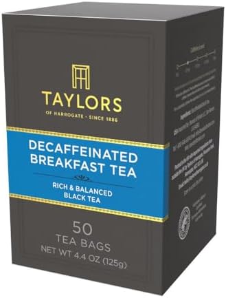 Taylors of Harrogate Decaffeinated Breakfast, Black Tea, Pillow Bags, 50 Count, (Pack of 1) Rich, Bright & Balanced, Decaffeinated, Enjoy Hot or Iced, 50 Teabags