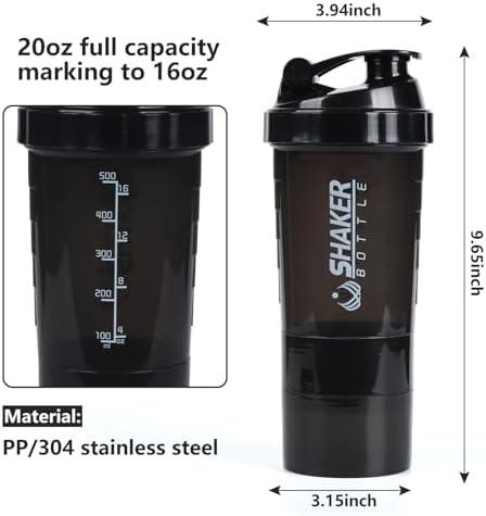 Protein Shaker Bottle,Sports Water Bottle,Leak Proof Shake Bottle For Protein Mixer- Non Slip 3 Layer Twist Off 3oz Cups with Pill Tray - Protein Powder 16 oz Shake Cup with Storage,Black
