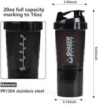 Protein Shaker Bottle,Sports Water Bottle,Leak Proof Shake Bottle For Protein Mixer- Non Slip 3 Layer Twist Off 3oz Cups with Pill Tray - Protein Powder 16 oz Shake Cup with Storage,Black