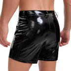 Mens Wetlook Leather Short Belted Pants Sexy Flat Front Zipper Open Crotch Shorts Casual Pockets Buckled Boxer
