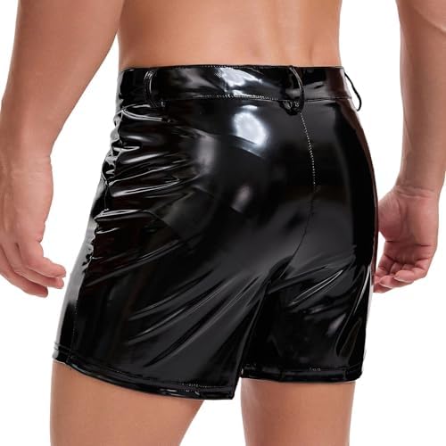 Mens Wetlook Leather Short Belted Pants Sexy Flat Front Zipper Open Crotch Shorts Casual Pockets Buckled Boxer