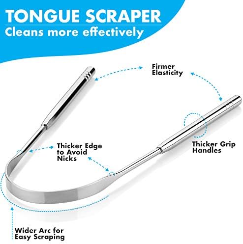 Tongue Scrapers - Pack of 2 - Stainless Steel Tongue Cleaners Brush for Help Getting Rid of Bad Breath & Bacteria - Food Scraper to Keeps Mouth & Teeth Healthy and Clean - Essential Dental Hygiene Kit