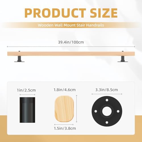 3.3 FT Wood Handrails for Indoor Stairs, Wall-Mounted Staircase Handrails for Indoor Outdoor Stairs, Non-Slip Stair Railing Indoor for Kids, Elderly, Pregnant Women, Disabled