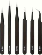 Black Heavy-Duty Precision Tweezers Set 6pcs - Pointed Tip & Curved End Fine-Point Tweezers for Electronics Repair, Making, Crafting, Cleaning - Metal DIY Kit for Hobbyists