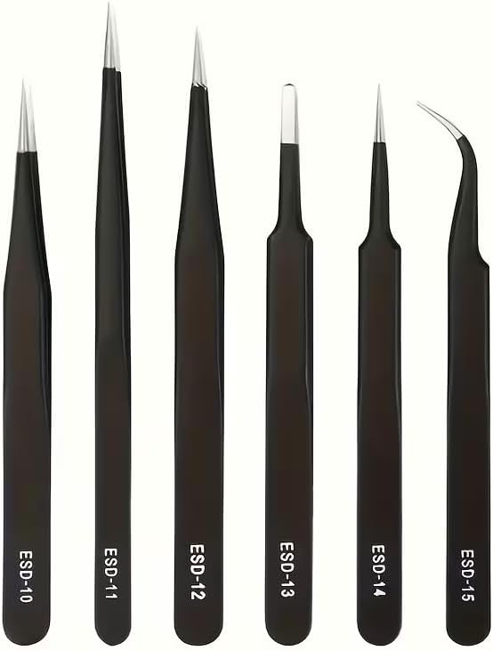 Black Heavy-Duty Precision Tweezers Set 6pcs - Pointed Tip & Curved End Fine-Point Tweezers for Electronics Repair, Making, Crafting, Cleaning - Metal DIY Kit for Hobbyists