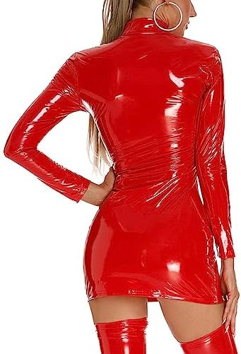 Women Sexy Leather Dress, Wetlook, Long Sleeve, Plus Size XXXL, Shiny Latex Hip Skirt