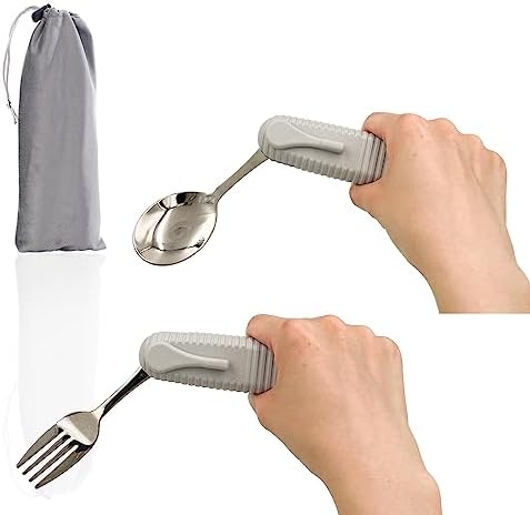 Pekokavo Adaptive Utensils Set, Angle Adjustable Arthritis Aid Silverware for Parkinsons, Hand Tremors, with Non-Slip Easy Grip Handle (2 Count (Spoon + Fork))
