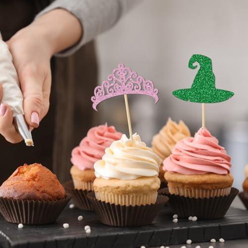24 Pcs Witch Hat Cupcake Topper Crown Cupcake Topper Dessert Food Safe Cake Decorations for Witch Wizard Theme Baby Shower Birthday Party Supplies Pink and Green