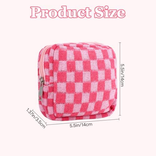 Sanitary Napkin Storage Bag Makeup Bag Set, Red Checkered Knit Design (2pcs Large & Small), Discreet Period Bag Pad Pouch, Small Pouch for Feminine Products, Tampon Holder for Purse Travel Use