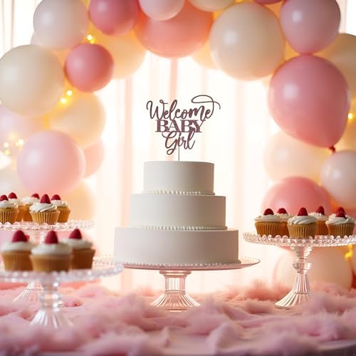 Kaoenla Welcome Baby Girl Cake Toppers - Baby Shower, Baby Shower, Newborn Gender Show Girl Happy Birthday Party Decoration (Rose Gold)