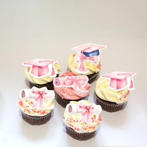 60 Pack Edible Class of 2025 Cupcake Toppers Wafer Paper 2025 Graduation Cap Cupcake Picks Congrats Grad Graduation Cake Decorations Party Supplies Pink