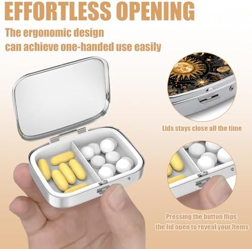Pill Box-2 Compartment Small Flower Pill Case Square Organizer Case with Mirror Portable Metal Medicine Box Travel Container for Pocket & Purse Women Men(Sun and Moon)