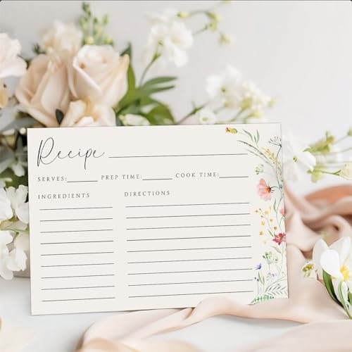 JOETMAE 50PCS Wildflower Recipe Cards,4×6 In Double Sided Cards,Blank Recipe Card for Wedding, Bridal Shower and Baby Shower