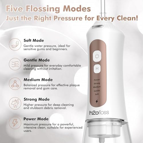 H2ofloss Potable Water Flosser with Beginner Tip – 5 Oral Care Modes, 2500mAh Rechargeable Dental Irrigator with 300ml Tank, IPX7 Waterproof, Portable for Braces, Teeth & Gums, Travel-Friendly