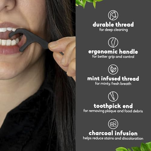 The Humble Co Dental Floss Picks for Teeth, 200 Count (Charcoal) - Single Thread Tooth Picks Flossers for Adults Gum Health - Plant-Based Toothpick Floss for Interdental Oral Care & Hygiene