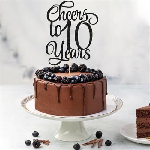 1PCS Cheers to 10 Years Cake Topper Happy Birthday Cake Toppers Black Glitter Children's 10st Birthday Cake Decorating Decor Blessed 10 Years Wedding Party Decorations