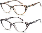 EYEURL Cat Eye Reading Glasses for Women -2 Pack of Blue Light Blocking Readers Spring Hinge Computer Eyeglass with Tortoise/Champagne Pattern Design Readers for women +1.50