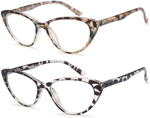 EYEURL Cat Eye Reading Glasses for Women -2 Pack of Blue Light Blocking Readers Spring Hinge Computer Eyeglass with Tortoise/Champagne Pattern Design Readers for women +1.50