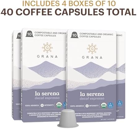 G GRANA Decaf Coffee Pods, Compatible with Nespresso OriginalLine, 40 Count, Dark Roast, Decaffeinated, USDA Organic 100% Arabica Single Source Specialty Coffee, Compostable Single Serve Capsules