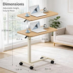 Adjustable Overbed Table with Wheels, Pneumatic Height Lift Rolling Bedside Table, Standing Desk for Home & Office Use, Ideal for Seniors & Limited Mobility(Walnut White)