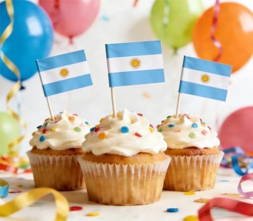 CYPS 100 Pcs Argentina Flag Argentine Toothpick Flags, Small Mini Stick Cupcake Toppers Argentine Flags,Country Picks Party Decoration Celebration Cocktail Food Bar Cake Flags