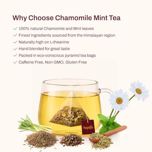 Chamomile Mint Herbal Tea Bags, Relaxing Bedtime Blend with Lemongrass, Peppermint, 50 Biodegradable Pyramid Tea Bags, Fennel & Peppermint, Caffeine-Free, Hot or Ice Tea, 50 Biodegradable Tea Bag