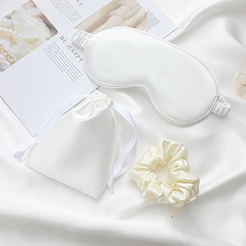 Silk Satin Sleeping Eye Mask, White Sleep Eye Night Blindfold for Women and Men, Soft Breathable Blackout Eyeshade Eye Cover for Travel, Wedding Bridesmaid Gift