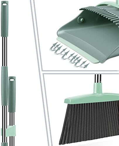 Ivandar Broom and Dustpan Set for Home, Dust pan with Long Handle, Broom with Dustpan Combo Set, for Home Kitchen Room Office Lobby Floor Use Upright Stand Up Sweeping (Gray&Green)