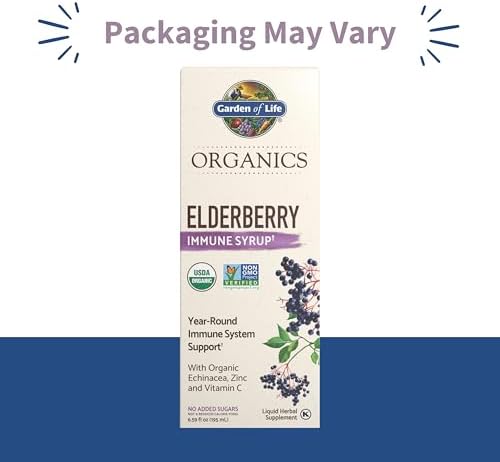 Garden of Life Organics Plant Based Elderberry Immune Syrup 6.59 floz (195 mL) for Kids & Adults - Sambucus, Echinacea, Zinc & Vitamin C, 0g Sugar, Organic Vegan Gluten Free Herbal Supplement