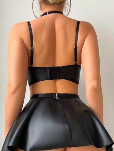 Sexy Leather Underwire Choker Garter Lingerie Set Bra Skirt with Thigh Cuffs
