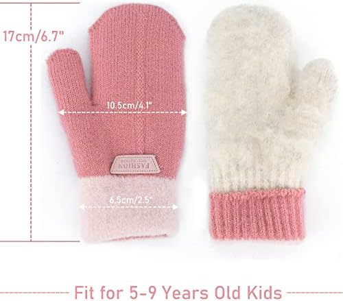 INOGIH Kids Double Layer Warm Knit Mittens Girls Boys Winter Outdoor Gloves for 3-7 Years