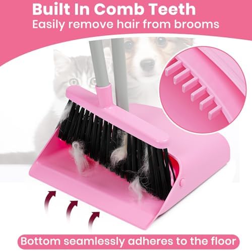 REEWII Pink Broom and Dustpan Set,58” Long Adjustable Handle Small Broom with Stand up Dustpan Combo Set with Dust Pan Teeth,for Indoor Home Office Floor Cleaning