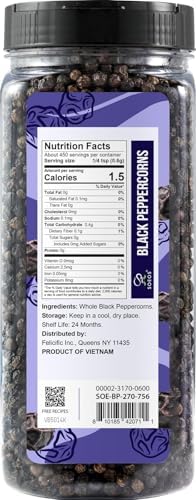 Soeos Whole Black Pepper, 9.5 Ounce (270g), Non-GMO, Kosher Certified, Whole Peppercorn Perfect for Grinder, Black Peppercorns Ideal for Red Meat, Chicken, Fish