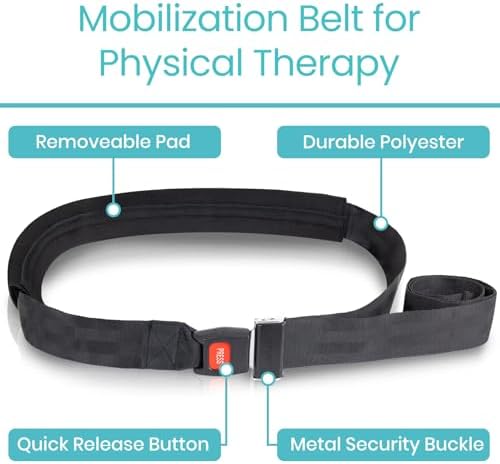 Vive Mobilization Belt for Physical Therapy with Buckle - Manual Traction Stretching Band - PT Traction Strap Belt for Stretching, Mobility, Massages & Exercise (Black)