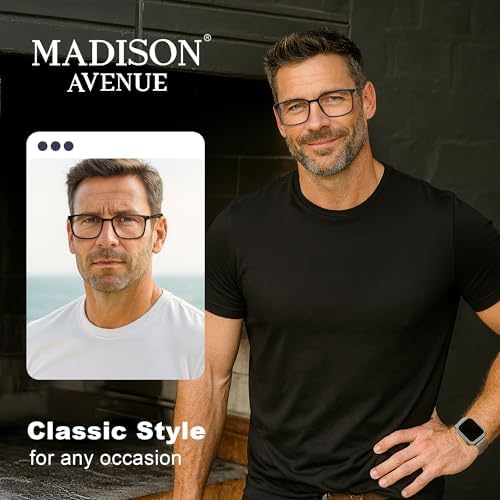 Madison Avenue 2 Pack Classic Square Blue Light Blocking Reading Glasses for Men, Sport Computer Readers Glasses Anti Glare