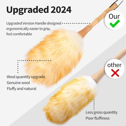 Feather Duster, Lambswool Duster for Cleaning,with Solid Wooden Handle,Leather Hang Strap,Anti-Static 14.9 inch Washable Reusable Small Hand Duster(Natural) for Office, Home and Car