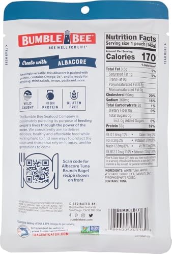 Bumble Bee Chunk White Albacore Tuna in Water, 5 oz Pouches (Pack of 12) - Ready to Eat Wild Caught Tuna Packet - 33g Protein per Pouch, High in Omega-3s - Non-GMO, Gluten Free, Kosher