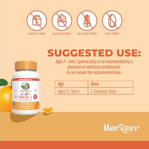MARYRUTH'S Vegan Omega 3 Gummies for Kids 2+, 2 Month Supply, Sugar Free, Omega 3 Supplement with Vitamin C, Flaxseed Oil, Immune Support, Essential Nutrient ALA, No Fish Taste, 60 Count