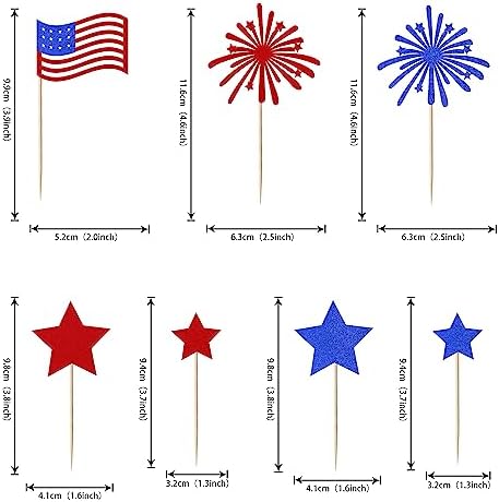 36 Pack 4th of July Cupcake Toppers Glitter Happy Independence Day Cupcake Picks Firework Patriotic Star American National Day Cupcake Decorations for Independence Theme Party Supplies Blue Red