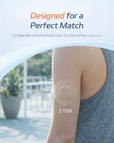 Freestyle Libre 3/Libre 3 Plus Sensor Covers, 24-Pack CGM Adhesive Patches, Up to 7 Days of Wear, Breathable Waterproof Latex-Free, Pre-Cut Backing, Non-Adhesive Center, Low-Profile Fit(Nude)