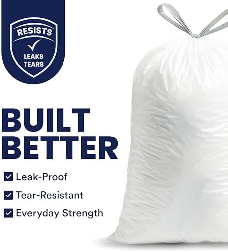 Plasticplace 5 Gallon Trash Bags - White Drawstring Garbage Bag Liners, 19" x 25" (100 Count) – Durable, Leak-Proof, Multi-Purpose Tall Kitchen, Bathroom, Office and Car TrashBags Plastic Bags 0.9 Mil