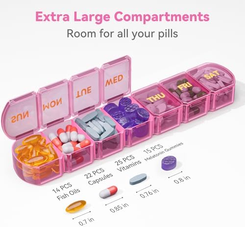 Large Pill Organizer Weekly - SHIJOINYU 7 Day Pill Box with Easy-Open Design, Daily Medicine Pill Organizer for Vitamins, Supplements, Fish Oils and Medications - Pink
